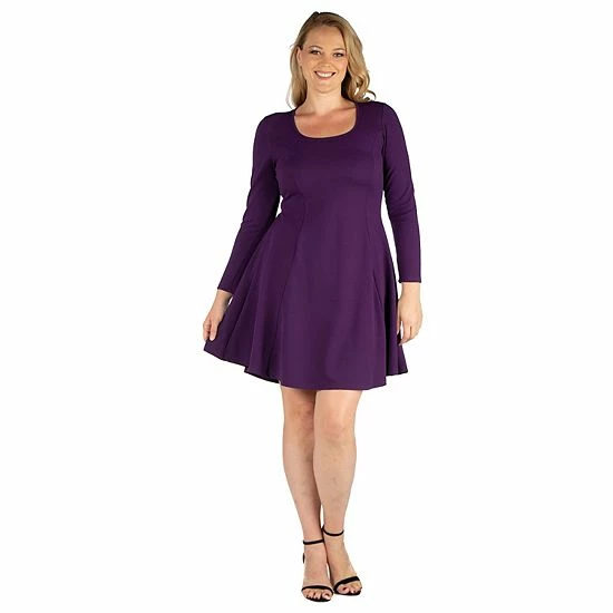 Plus Size 24seven Comfort Apparel Long Sleeve Knee Length Skater Dress Purple 6 Plus Size 24seven Comfort Apparel Long Sleeve Knee Length Skater Dress Purple - Image 6