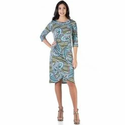Women's 24Seven Comfort Apparel Floral Elbow Sleeve Ruched Tulip Skirt Knee Length Dress Blue Green