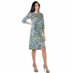 Women's 24Seven Comfort Apparel Floral Elbow Sleeve Ruched Tulip Skirt Knee Length Dress Blue Green -Waverly Shop unnamed file 1100