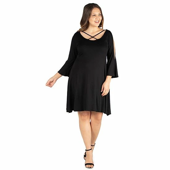 Plus Size 24seven Comfort Apparel Criss Cross Neckline Cold Shoulder Dress Black 6 Plus Size 24seven Comfort Apparel Criss Cross Neckline Cold Shoulder Dress Black - Image 6