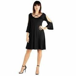 Women's 24seven Comfort Apparel Knee Length Fit & Flare Cold Shoulder Dress Black -Waverly Shop unnamed file 1126