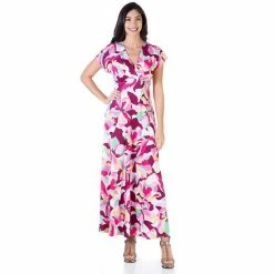Women's 24Seven Comfort Apparel V-Neck Cap Sleeve Flowy Empire Waist Maxi Dress Pink Red