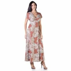 Women's 24Seven Comfort Apparel V-Neck Cap Sleeve Flowy Empire Waist Maxi Dress Pink Red -Waverly Shop unnamed file 1134