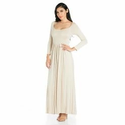Women's 24seven Comfort Apparel Long Sleeve Pleated Empire Waist Maxi Dress Beige Khaki -Waverly Shop unnamed file 1139