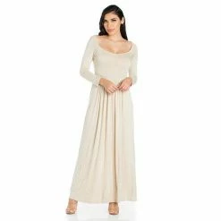 Women's 24seven Comfort Apparel Long Sleeve Pleated Empire Waist Maxi Dress Beige Khaki -Waverly Shop unnamed file 1142