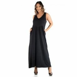 Plus Size 24seven Comfort Apparel Sleeveless Maxi Dress With Pockets Navy