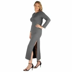 Plus Size 24seven Comfort Apparel Long Sleeve Side Slit Fitted Maxi Dress Gray -Waverly Shop unnamed file 1152