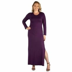 Plus Size 24seven Comfort Apparel Long Sleeve Side Slit Fitted Maxi Dress Gray -Waverly Shop unnamed file 1156