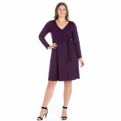 Plus Size 24seven Comfort Apparel Chic V-Neck Long Sleeve Belted Dress Purple 10 Plus Size 24seven Comfort Apparel Chic V-Neck Long Sleeve Belted Dress Purple -Waverly Shop unnamed file 1167