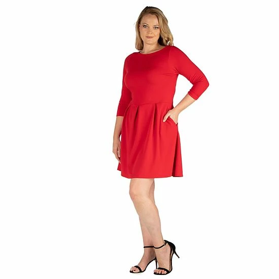 Plus Size 24seven Comfort Apparel Perfect Fit And Flare Pocket Dress Red 2 Plus Size 24seven Comfort Apparel Perfect Fit And Flare Pocket Dress Red - Image 2