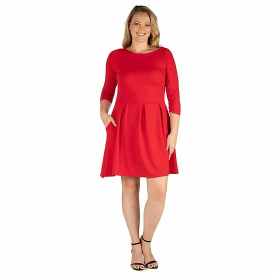 Plus Size 24seven Comfort Apparel Perfect Fit And Flare Pocket Dress Red 4 Plus Size 24seven Comfort Apparel Perfect Fit And Flare Pocket Dress Red - Image 4