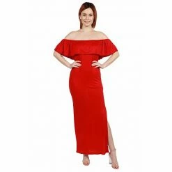 Women's 24seven Comfort Apparel Off-The-Shoulder Ruffled Side Slit Maxi Dress Red -Waverly Shop unnamed file 1223