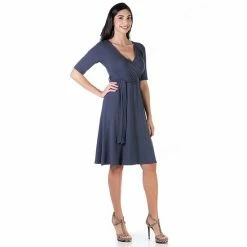 Women's 24Seven Comfort Apparel Elbow Sleeve Knee Length Faux Wrap Dress Grey -Waverly Shop unnamed file 1253