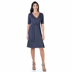 Women's 24Seven Comfort Apparel Elbow Sleeve Knee Length Faux Wrap Dress Grey -Waverly Shop unnamed file 1255