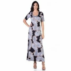 Women's 24Seven Comfort Apparel Elbow Sleeve Casual Maxi Dress Black Lilac -Waverly Shop unnamed file 1316