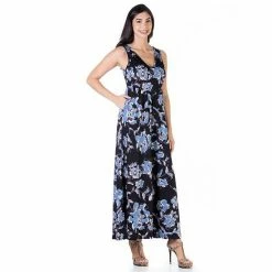Women's 24Seven Comfort Apparel Allover Print Sleeveless Pleated Maxi Dress Gray Green -Waverly Shop unnamed file 1324