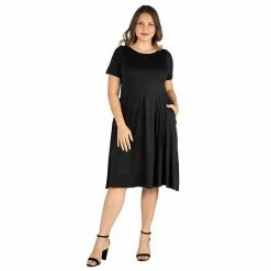 Plus Size 24seven Comfort Apparel Short Sleeve Midi Skater Dress With Pockets Black -Waverly Shop unnamed file 1336
