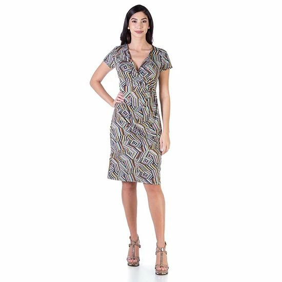 Women's 24Seven Comfort Apparel Short Sleeve Knee Length Faux Wrap Dress Green Brown 1 Women's 24Seven Comfort Apparel Short Sleeve Knee Length Faux Wrap Dress Green Brown