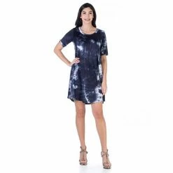 Women's 24Seven Comfort Apparel Tie Dye Loose-Fit Knee Length Shirtdress Green Navy