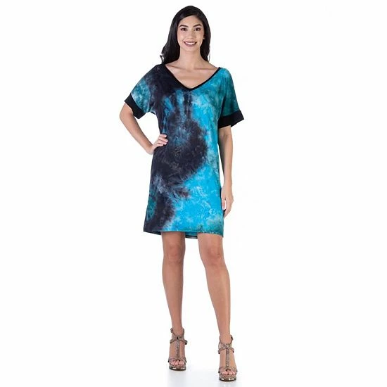 Women's 24Seven Comfort Apparel Tie Dye Loose-Fit Knee Length Shirtdress Green Navy 5 Women's 24Seven Comfort Apparel Tie Dye Loose-Fit Knee Length Shirtdress Green Navy - Image 5