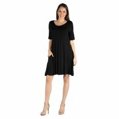 Women's 24seven Comfort Apparel Roundneck Flared Shirtdress With Pockets Black