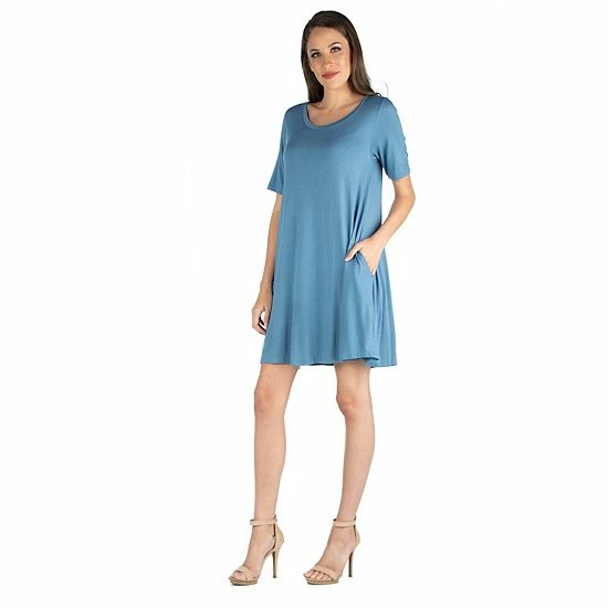 Women's 24seven Comfort Apparel Roundneck Flared Shirtdress With Pockets Black 3 Women's 24seven Comfort Apparel Roundneck Flared Shirtdress With Pockets Black - Image 3