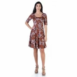 Women's 24Seven Comfort Apparel Allover Print Elbow Sleeve Swing Dress Brown Pink -Waverly Shop unnamed file 1437