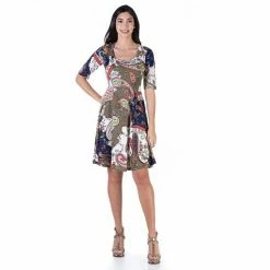 Women's 24Seven Comfort Apparel Allover Print Elbow Sleeve Swing Dress Brown Pink -Waverly Shop unnamed file 1438