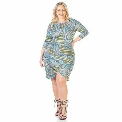 Plus Size 24Seven Comfort Apparel Elbow Sleeve Ruched Knee Length Dress Blue Green -Waverly Shop unnamed file 1461
