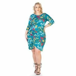 Plus Size 24Seven Comfort Apparel Elbow Sleeve Ruched Knee Length Dress Blue Green -Waverly Shop unnamed file 1462