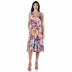 Women's 24Seven Comfort Apparel Allover Print Fit And Flare Midi Pocket Dress Orange Blue