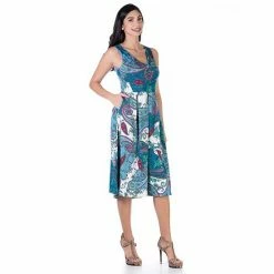 Women's 24Seven Comfort Apparel Allover Print Fit And Flare Midi Pocket Dress Orange Blue -Waverly Shop unnamed file 1477