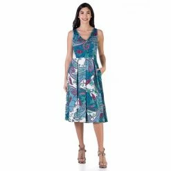 Women's 24Seven Comfort Apparel Allover Print Fit And Flare Midi Pocket Dress Orange Blue -Waverly Shop unnamed file 1480