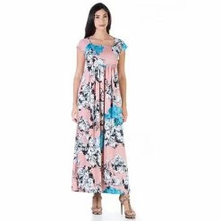 Women's 24Seven Comfort Apparel Floral Pleated Flowy Empire Waist Maxi Dress Pink Blue
