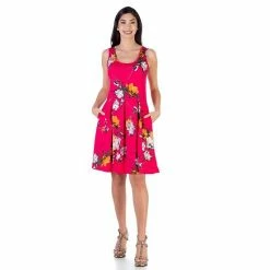 Women's 24Seven Comfort Apparel Sleeveless Pleated Knee Length Pocket Dress Pink Orange -Waverly Shop unnamed file 1532