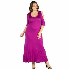 Plus Size 24seven Comfort Apparel Elbow Length Sleeve Cold Shoulder Maxi Dress Magenta