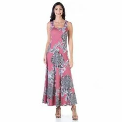 Women's 24Seven Comfort Apparel Paisley Casual Maxi Dress Pink Gray