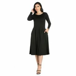 Women's 24seven Comfort Apparel Long Sleeve Fit & Flare Dress With Pockets Purple -Waverly Shop unnamed file 824