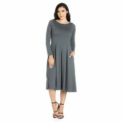 Women's 24seven Comfort Apparel Long Sleeve Fit & Flare Dress With Pockets Purple -Waverly Shop unnamed file 825