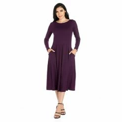 Women's 24seven Comfort Apparel Long Sleeve Fit & Flare Dress With Pockets Purple -Waverly Shop unnamed file 828