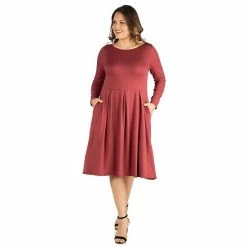 Plus Size 24seven Comfort Apparel Long Sleeve Fit And Flare Midi Dress Red -Waverly Shop unnamed file 839