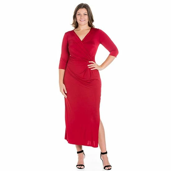 Plus Size 24seven Comfort Apparel Fitted V-Neck Side Slit Maxi Dress Black 1 Plus Size 24seven Comfort Apparel Fitted V-Neck Side Slit Maxi Dress Black
