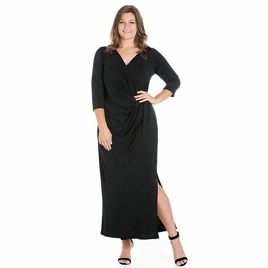 Plus Size 24seven Comfort Apparel Fitted V-Neck Side Slit Maxi Dress Black 6 Plus Size 24seven Comfort Apparel Fitted V-Neck Side Slit Maxi Dress Black - Image 6