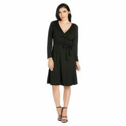 Women's 24seven Comfort Apparel V-Neck Long Sleeve Skater Dress Black -Waverly Shop unnamed file 904