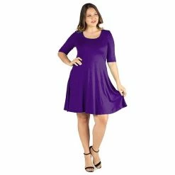 Plus Size 24seven Comfort Apparel Elbow Sleeve Knee Length Dress Purple -Waverly Shop unnamed file 911