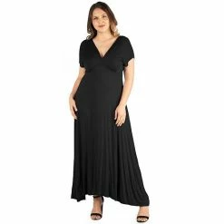 Plus Size 24seven Comfort Apparel Empire Waist V-Neck Maxi Dress Black