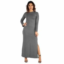 Women's 24seven Comfort Apparel Long Sleeve Side Slit Fitted Maxi Dress Purple