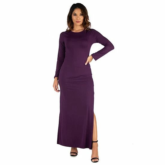 Women's 24seven Comfort Apparel Long Sleeve Side Slit Fitted Maxi Dress Purple 5 Women's 24seven Comfort Apparel Long Sleeve Side Slit Fitted Maxi Dress Purple - Image 5