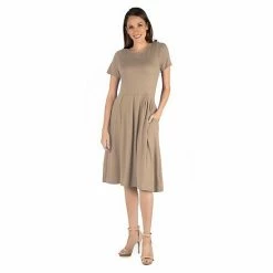 Women's 24seven Comfort Apparel Short Sleeve Midi Dress With Pockets Taupe -Waverly Shop unnamed file 976