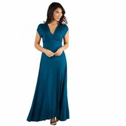 Women's 24seven Comfort Apparel Cap Sleeve V-Neck Maxi Dress Blue -Waverly Shop unnamed file 983
